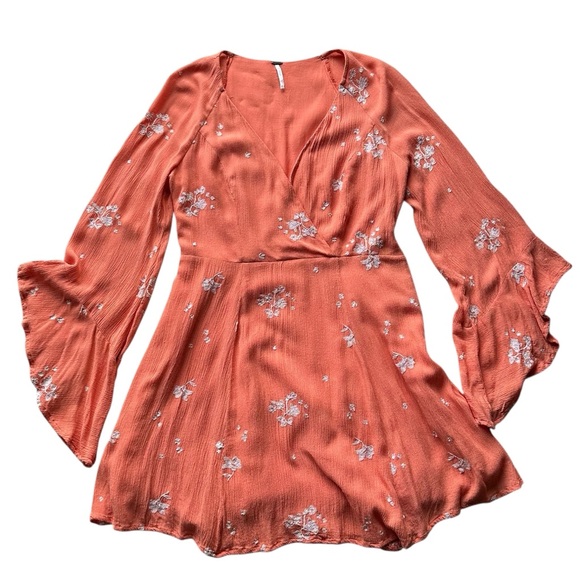 Free People Jasmine Floral Embroidered Bell Sleeve Mini Dress - Orange - 8 - Picture 8 of 14